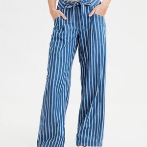 American Eagle Women’s 8 Blue Wide-leg Pants White Stripes Cotton Nautical Boho